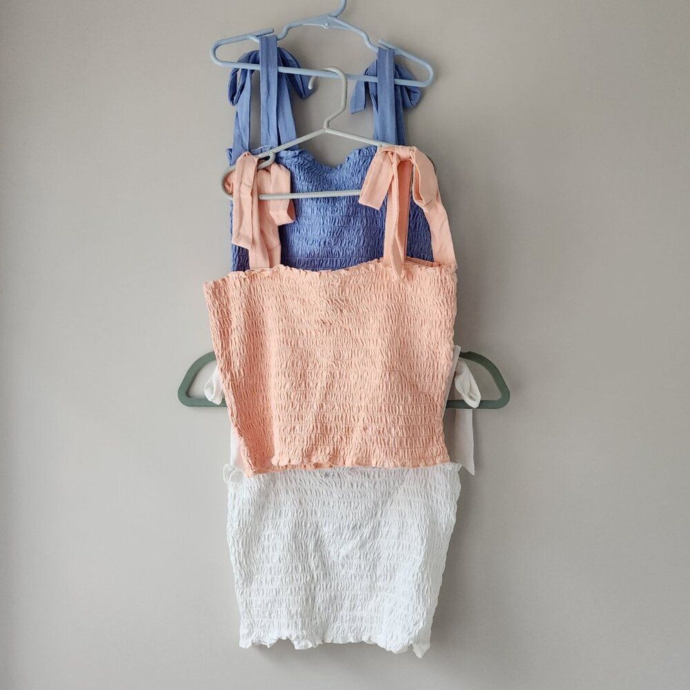 FOREVER 21 Smocked Crop Tops | SET OF 3 | Medium | Bow Tie Straps NWT White Blue